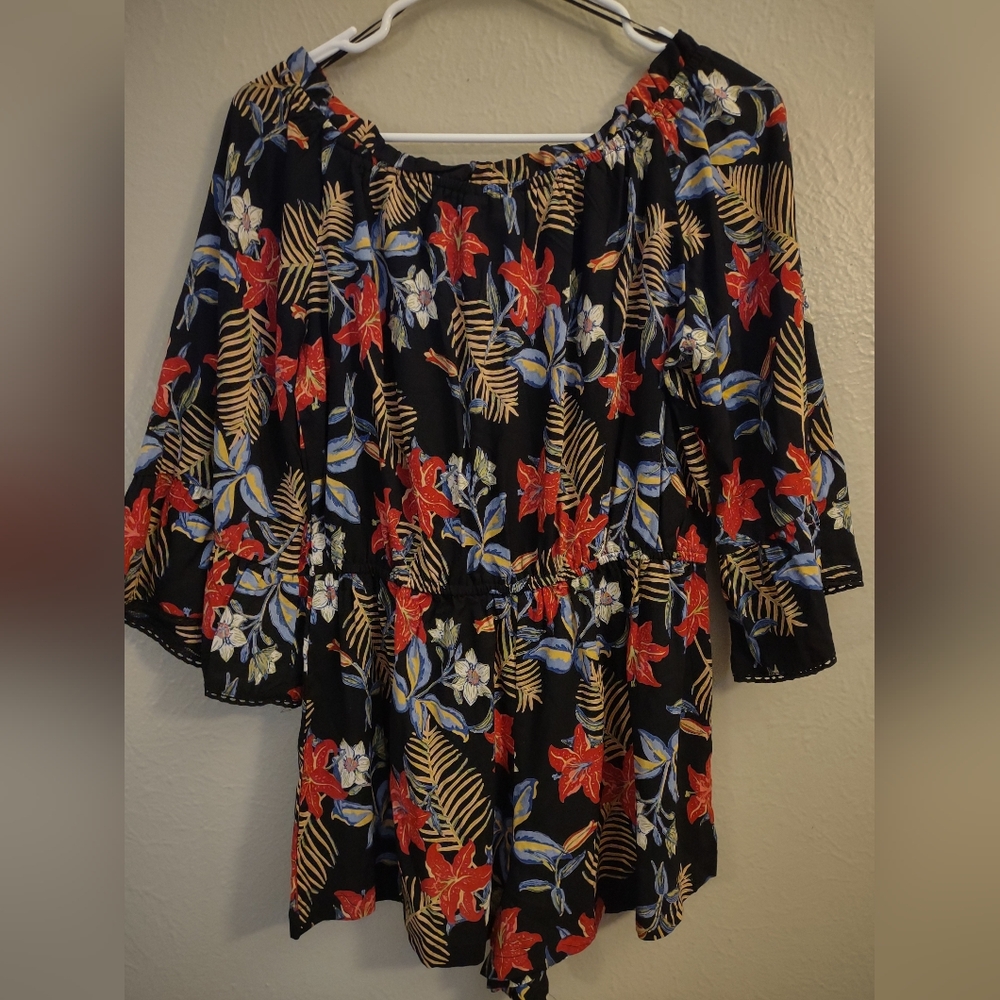 Angie Off-Shoulder Black Tropical Floral Romper – Boho Chic Size Large - Picture 7 of 11